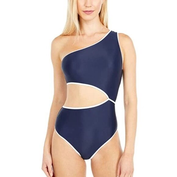 J. Crew Eco Solid Trish Cutout One Piece in Navy with White Contrast - Size 10 - Picture 1 of 6